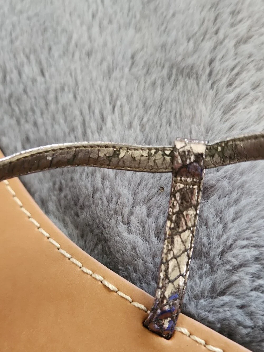 Ann Talor LOFT Metallic Silver T-Strap Sandals with Tan Footbed
